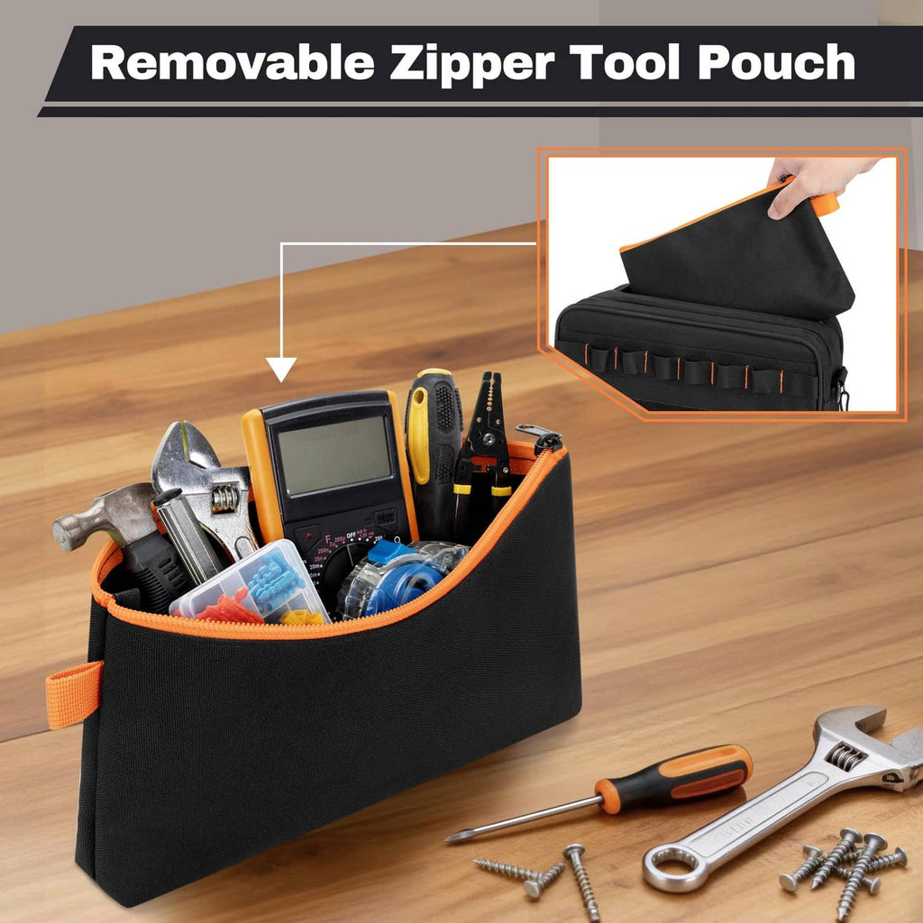 Black tool bag with removable zippered pouch and front organizer bands