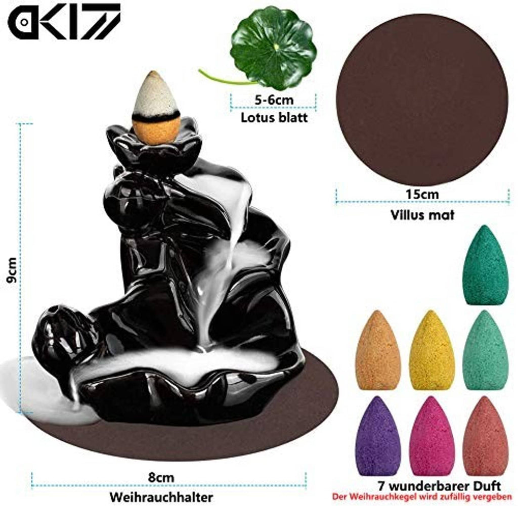 Black ceramic lotus backflow incense holder with dimensions and mat shown
