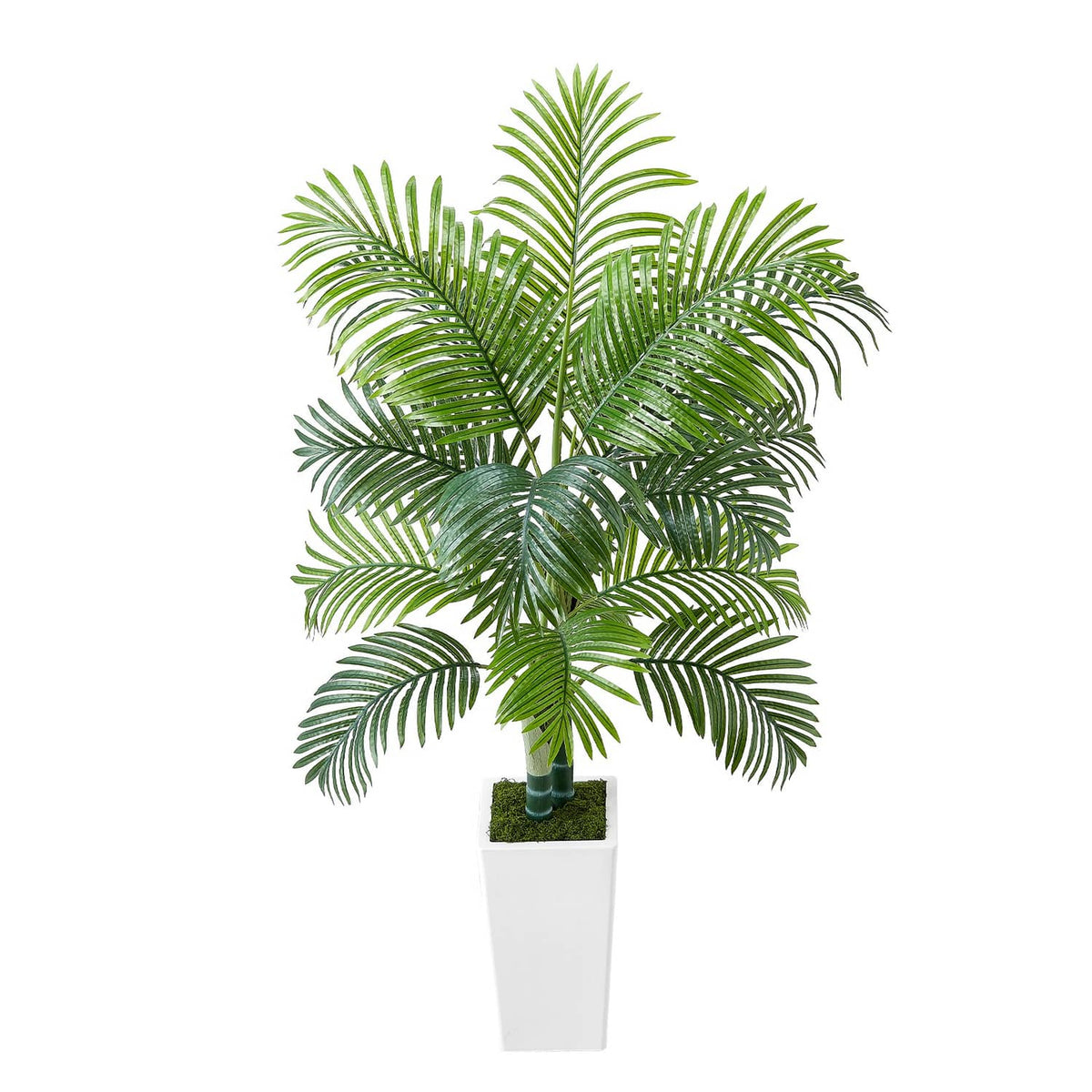 Angle view faux areca palm tree with green fronds in a white pot