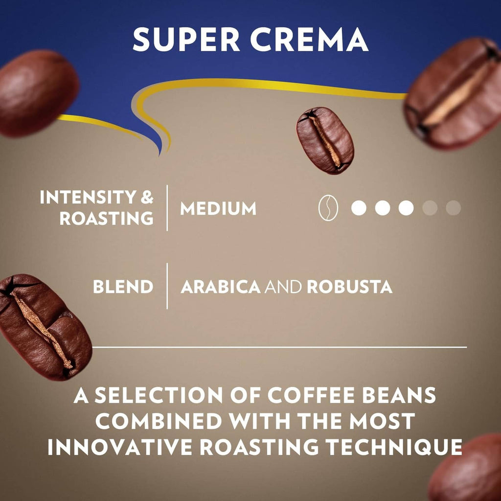 Super Crema coffee blend infographic: intensity, medium roast, arabica and robusta