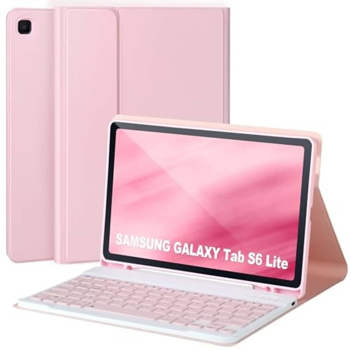 Pink folio tablet case with back cover and front keyboard stand