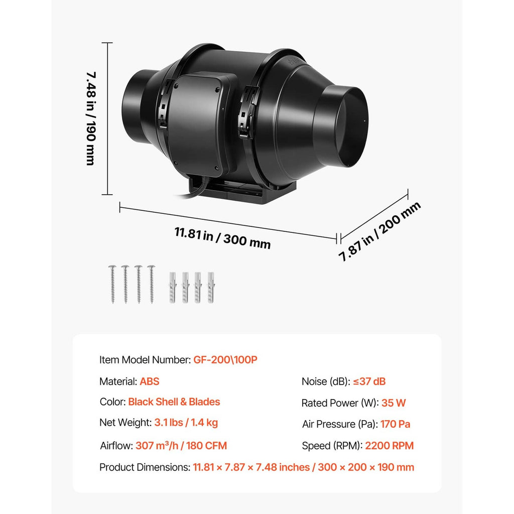 Black 4-inch inline duct fan with dimensions and listed specs on a white background.