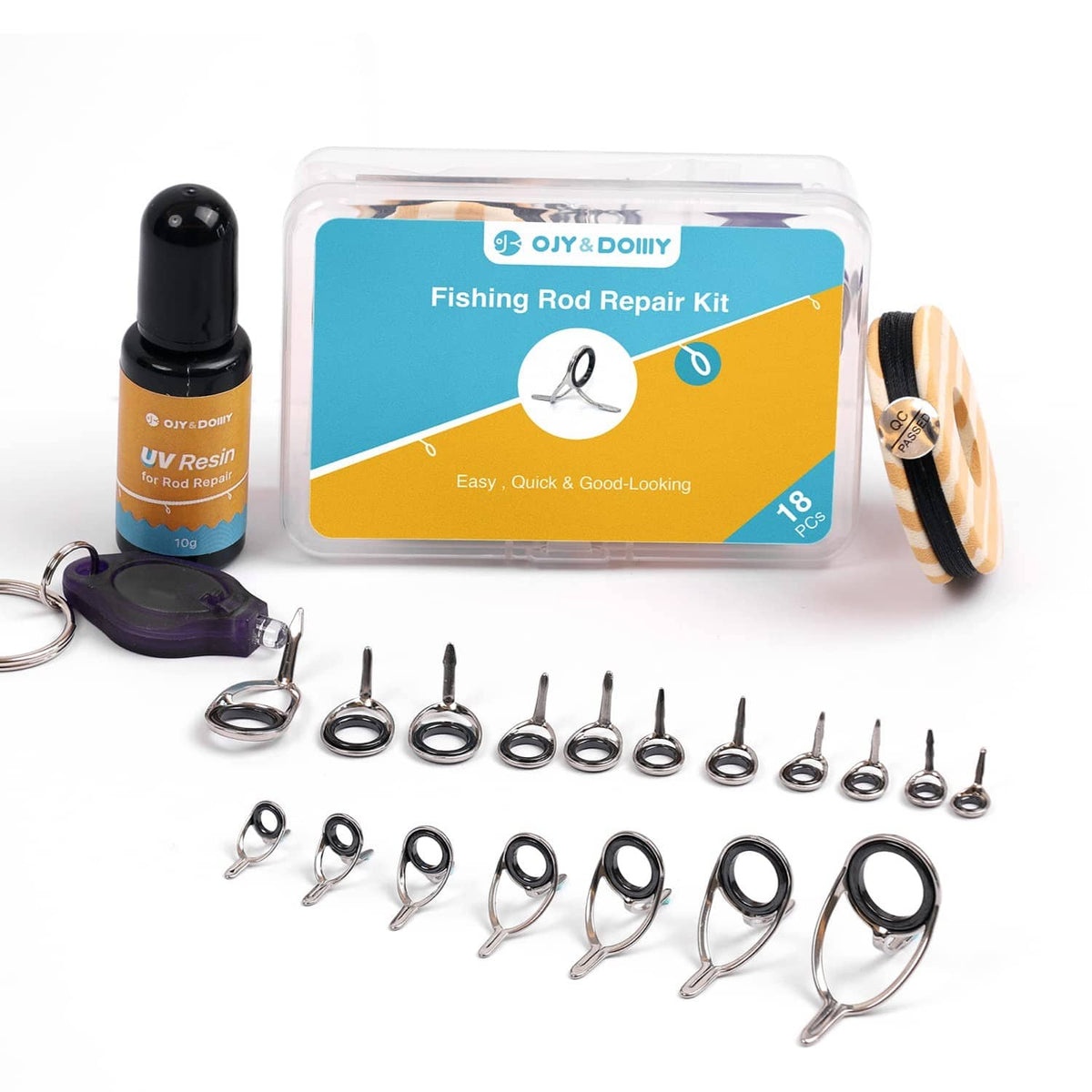 Fishing rod eyelet repair kit case with UV resin bottle and guide rings