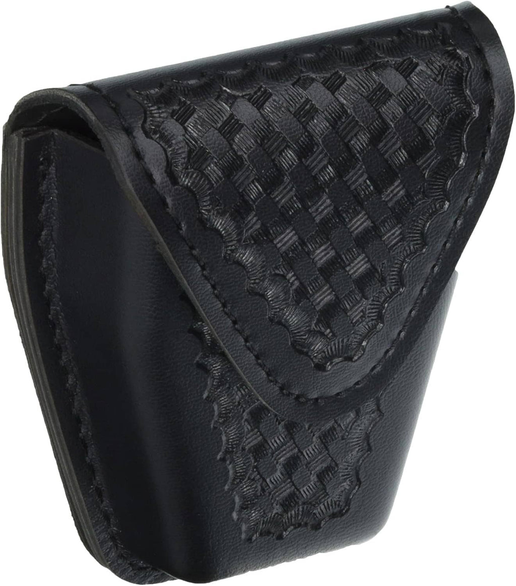 Black handcuff case with textured basketweave panel and top flap, tapered shape.