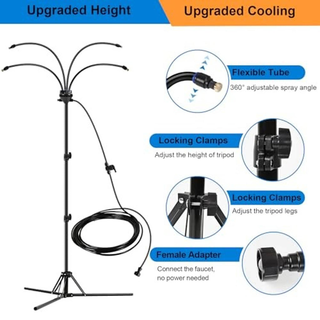 Adjustable black misting stand diagram with flexible 360° spray and locking clamps