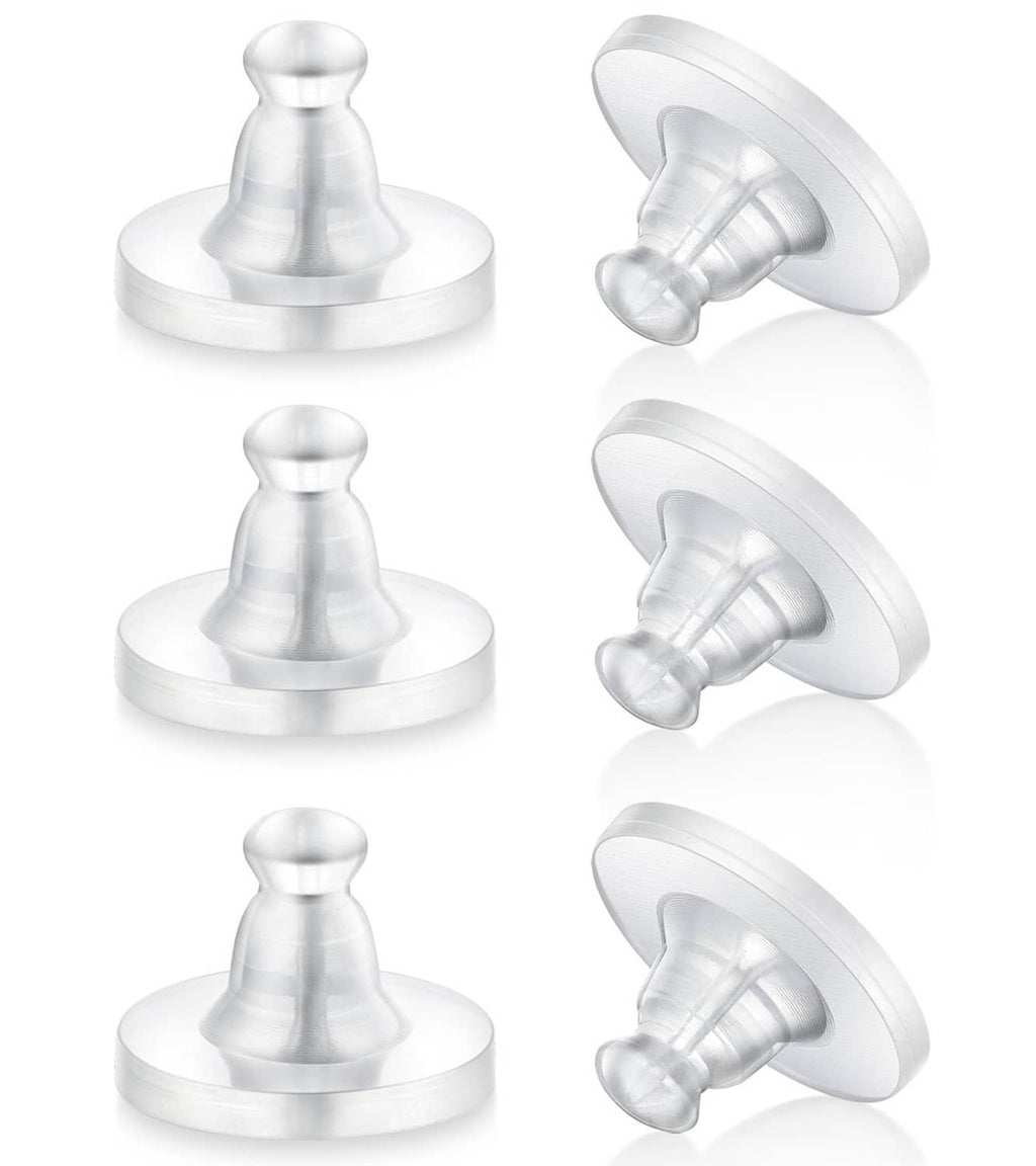 Clear silicone earring backs, snap-on round disc with central post for stud earrings
