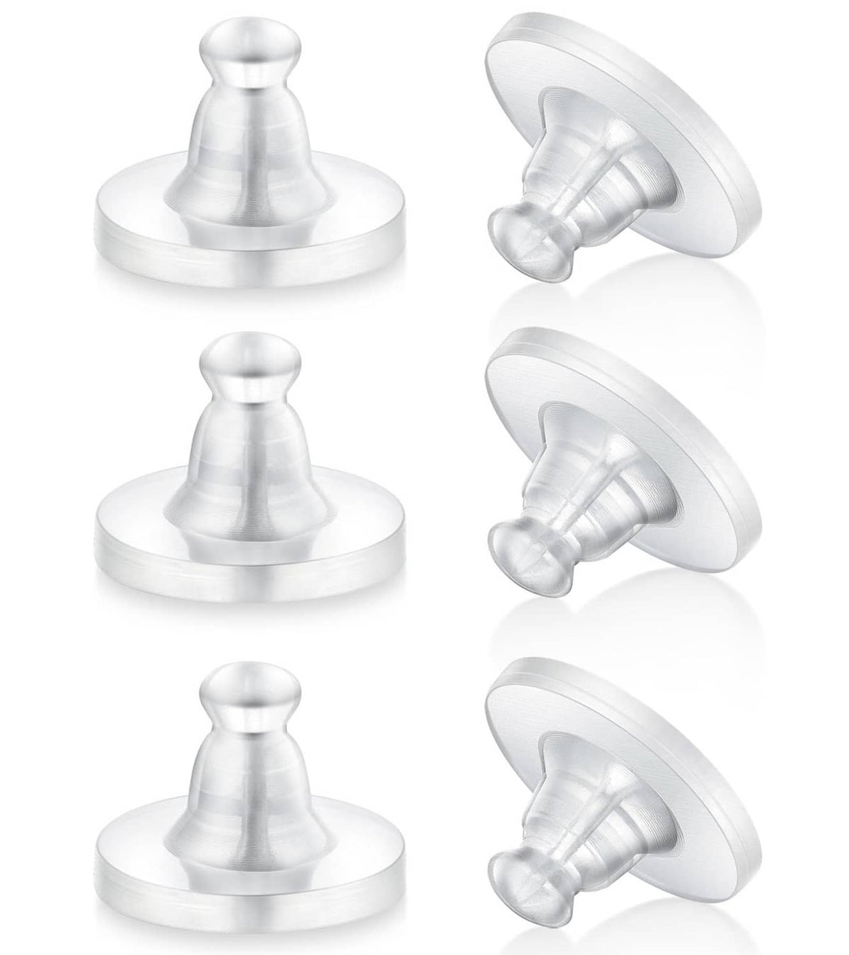 Clear silicone earring backs, snap-on round disc with central post for stud earrings