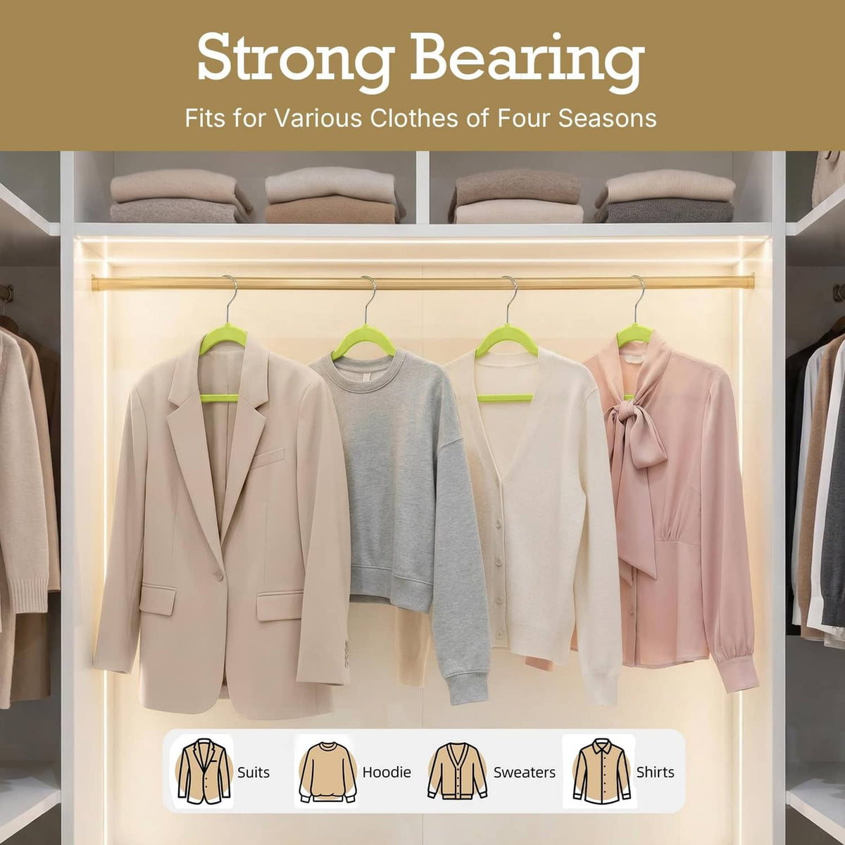 Vibrant green velvet hangers displaying suits, hoodies, and shirts on a rod