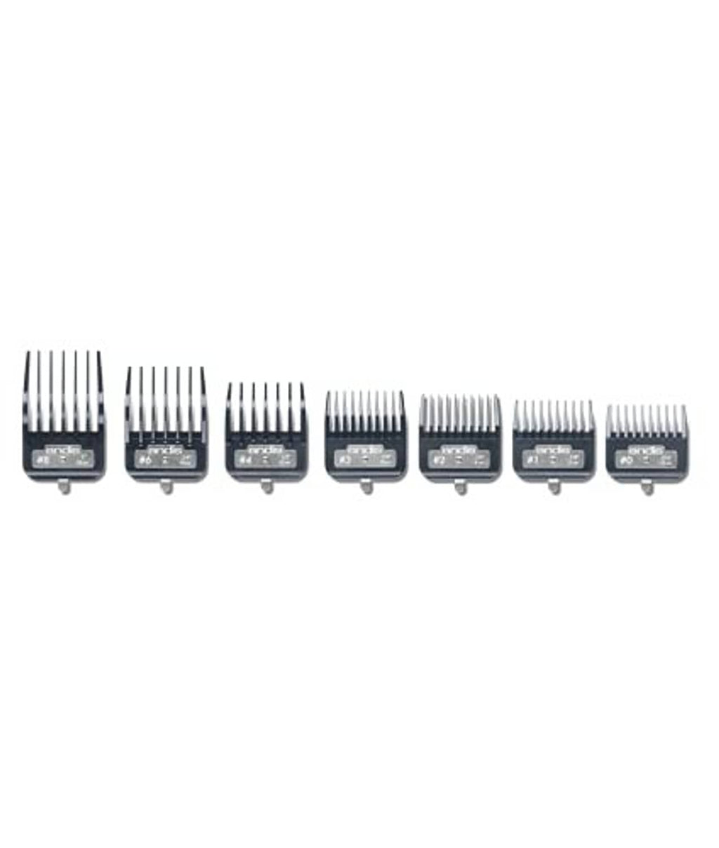 Row of hair clipper comb guards with dark bases and metal teeth, multiple sizes