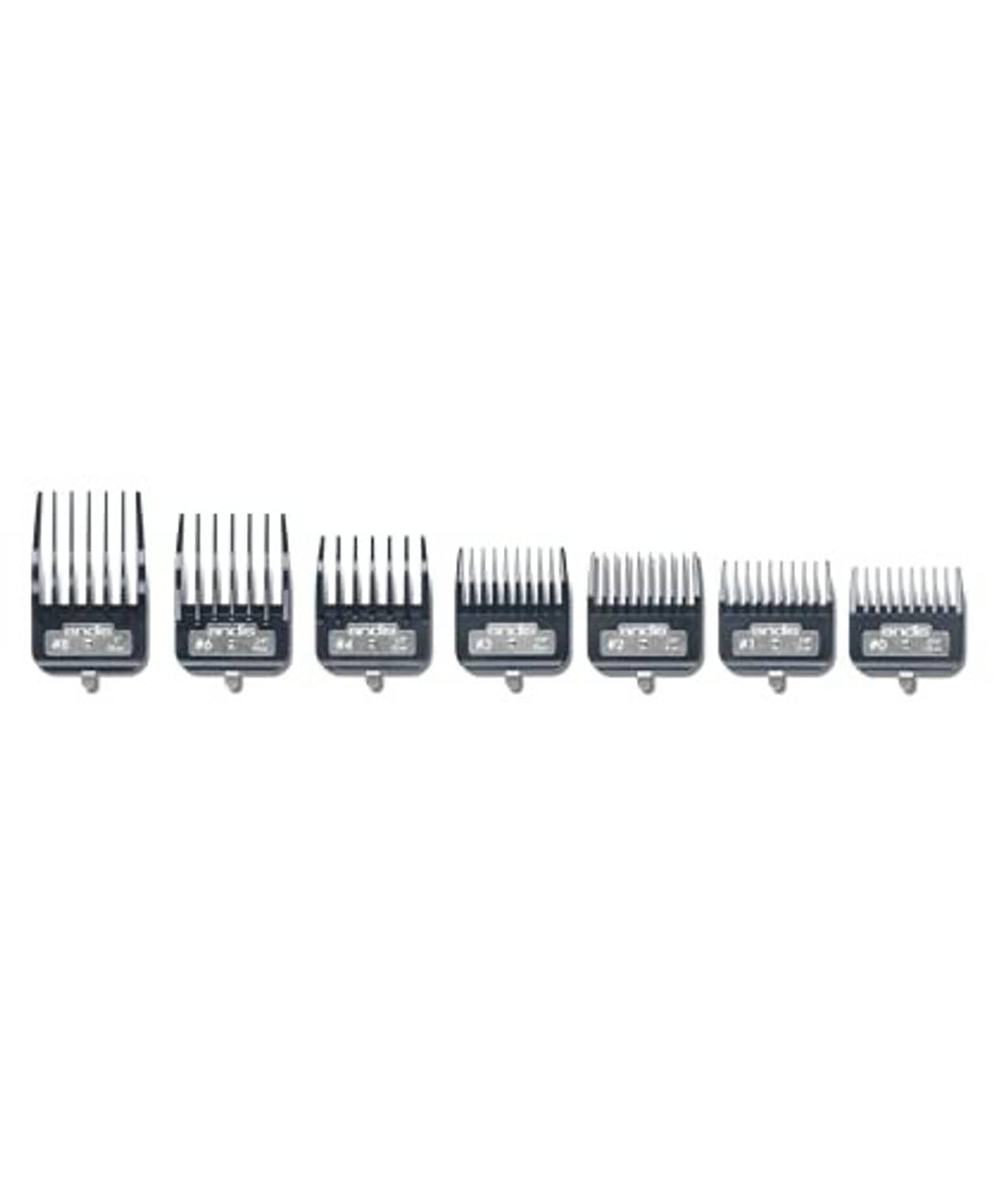 Row of hair clipper comb guards with dark bases and metal teeth, multiple sizes