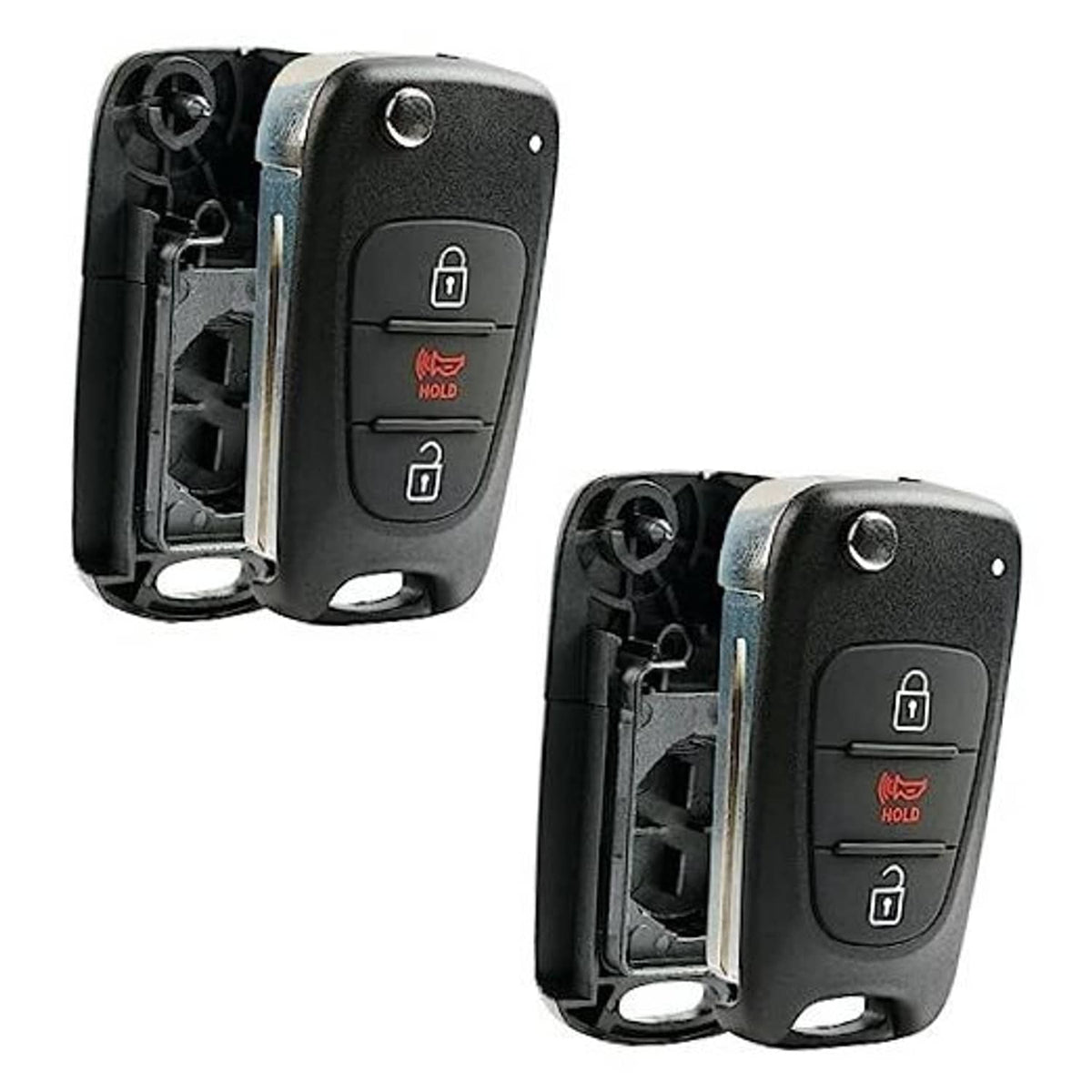 Black flip key fob case with metal keyring loop and lock/unlock button panel