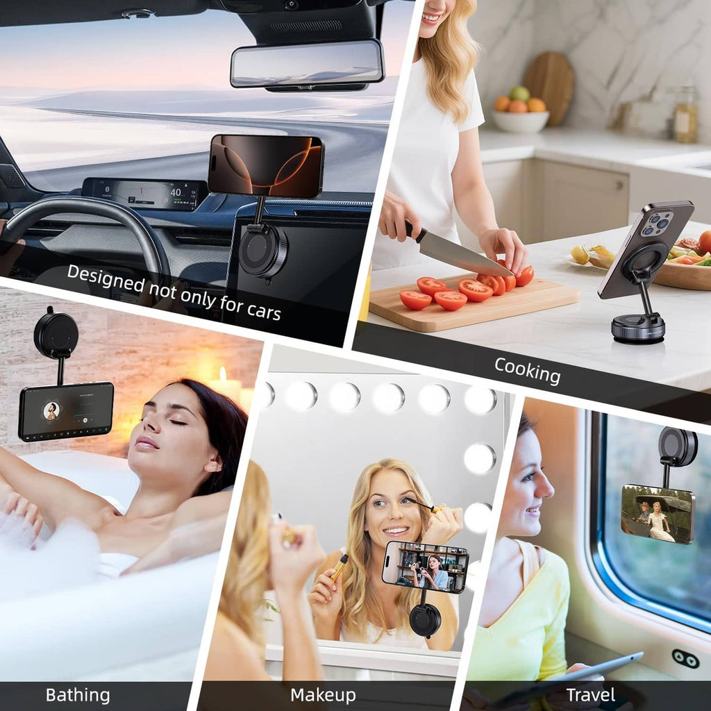 Vacuum magnetic phone holder used in multiple settings with compact suction base