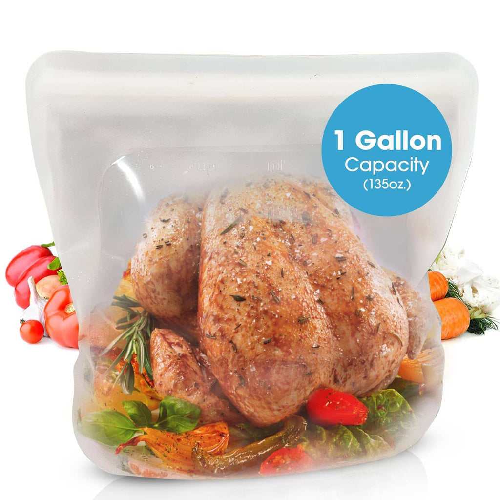 Reusable silicone sous vide bag (1-gallon) with cooked chicken and mixed vegetables