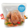 Reusable silicone sous vide bag (1-gallon) with cooked chicken and mixed vegetables