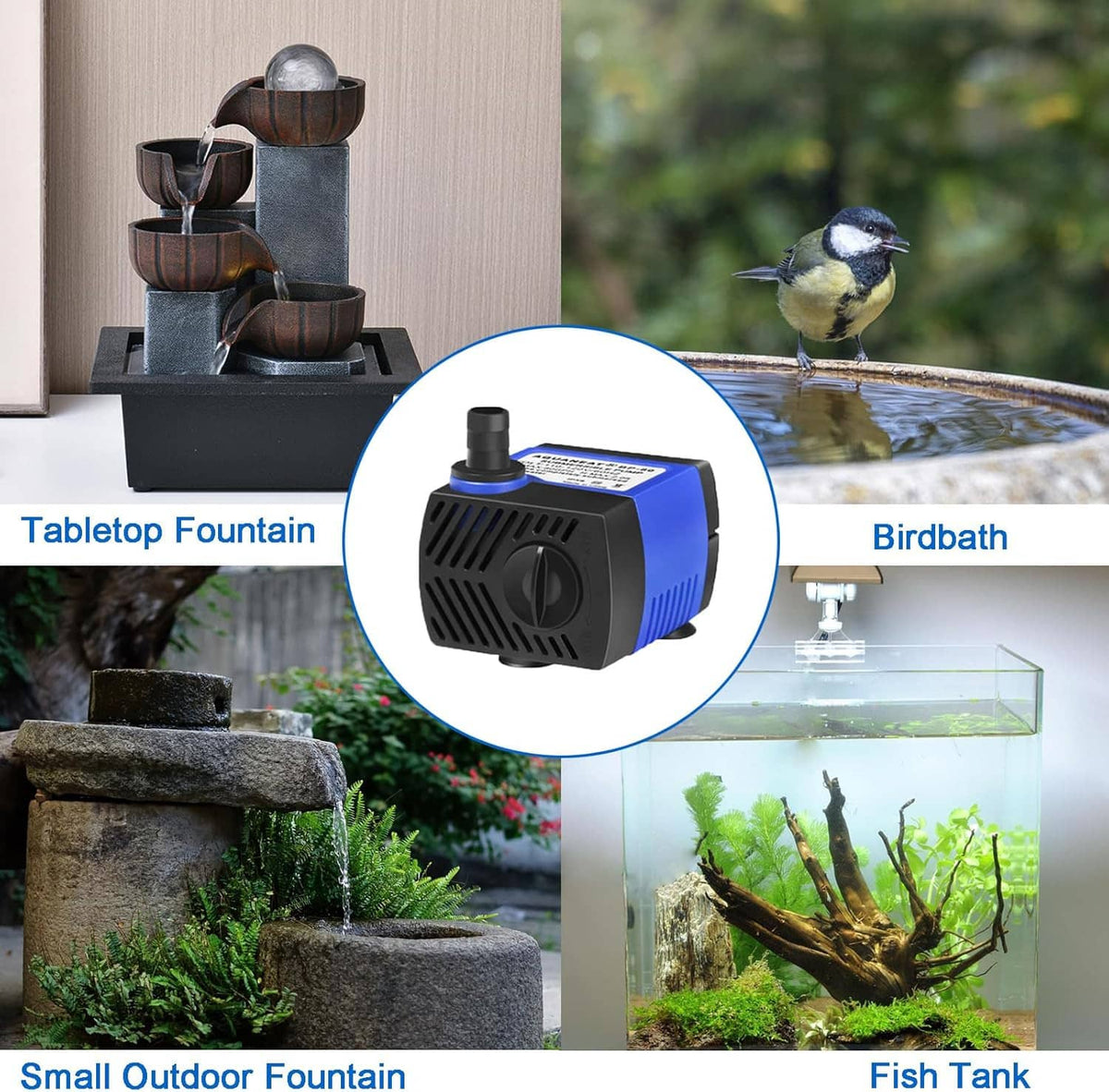 Submersible fountain pump with black base and blue body, displayed in a product inset.