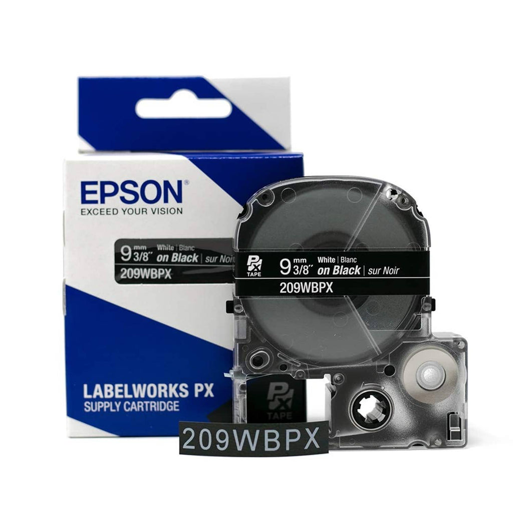 Epson LabelWorks PX tape cartridge with box, 9 3/8-in black tape with white text (209WBXP)