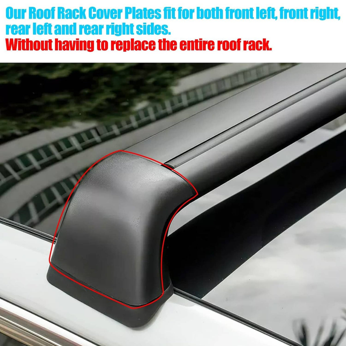 Black roof rack cover end shell on roof rail, curved cap highlighted