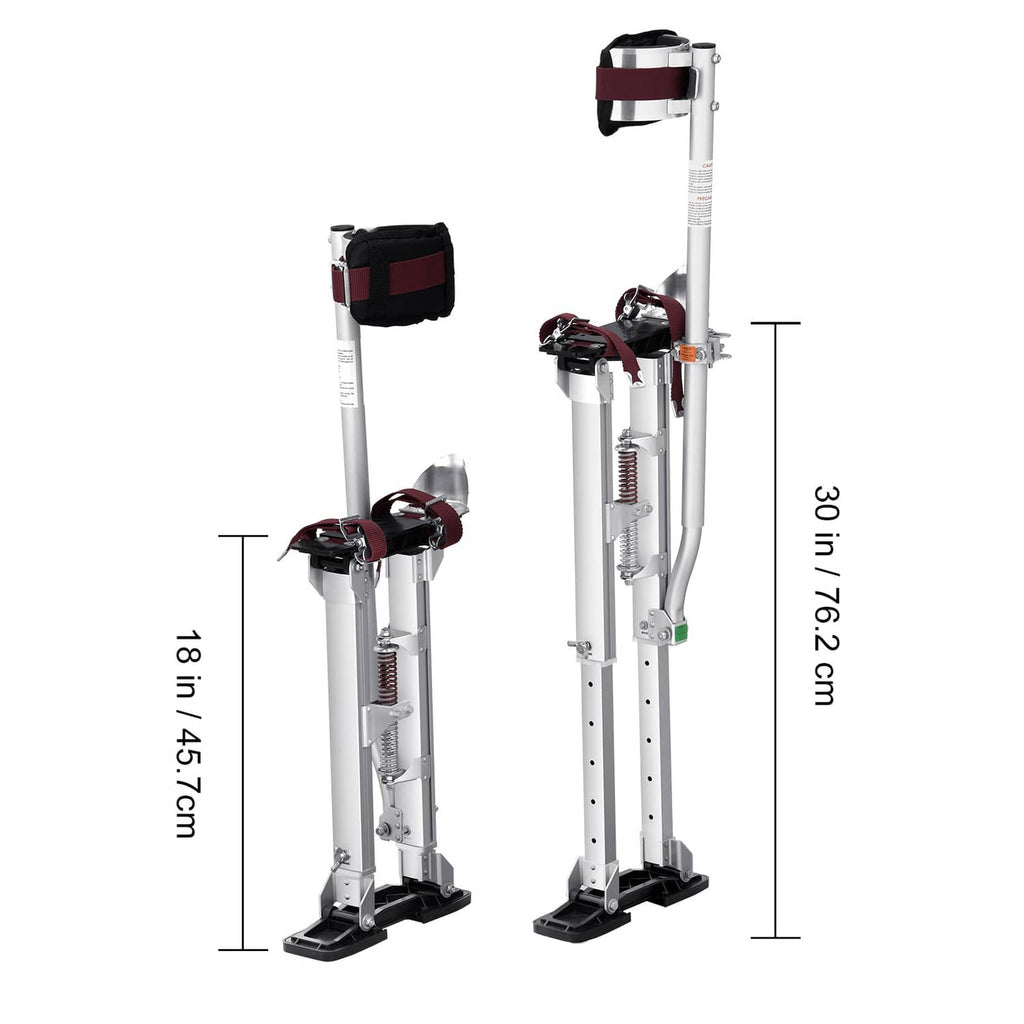 Adjustable drywall stilts in different heights, silver frames with black rubber feet