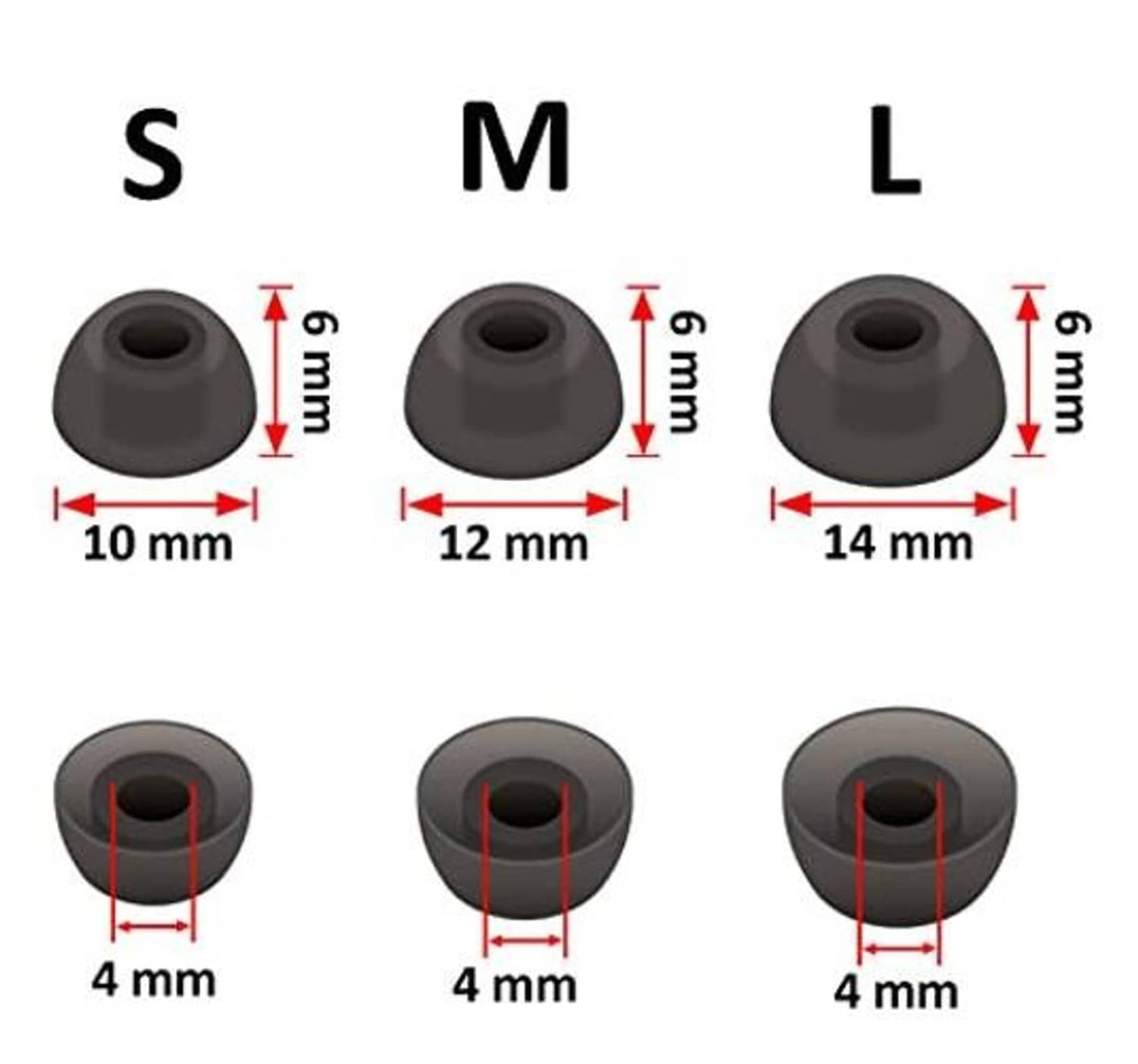 Silicone ear tip size chart showing S, M, L measurements and depths