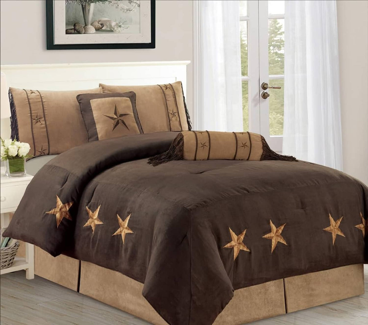 King bedding set: dark brown comforter with gold stars and tan pillow covers with star stitching