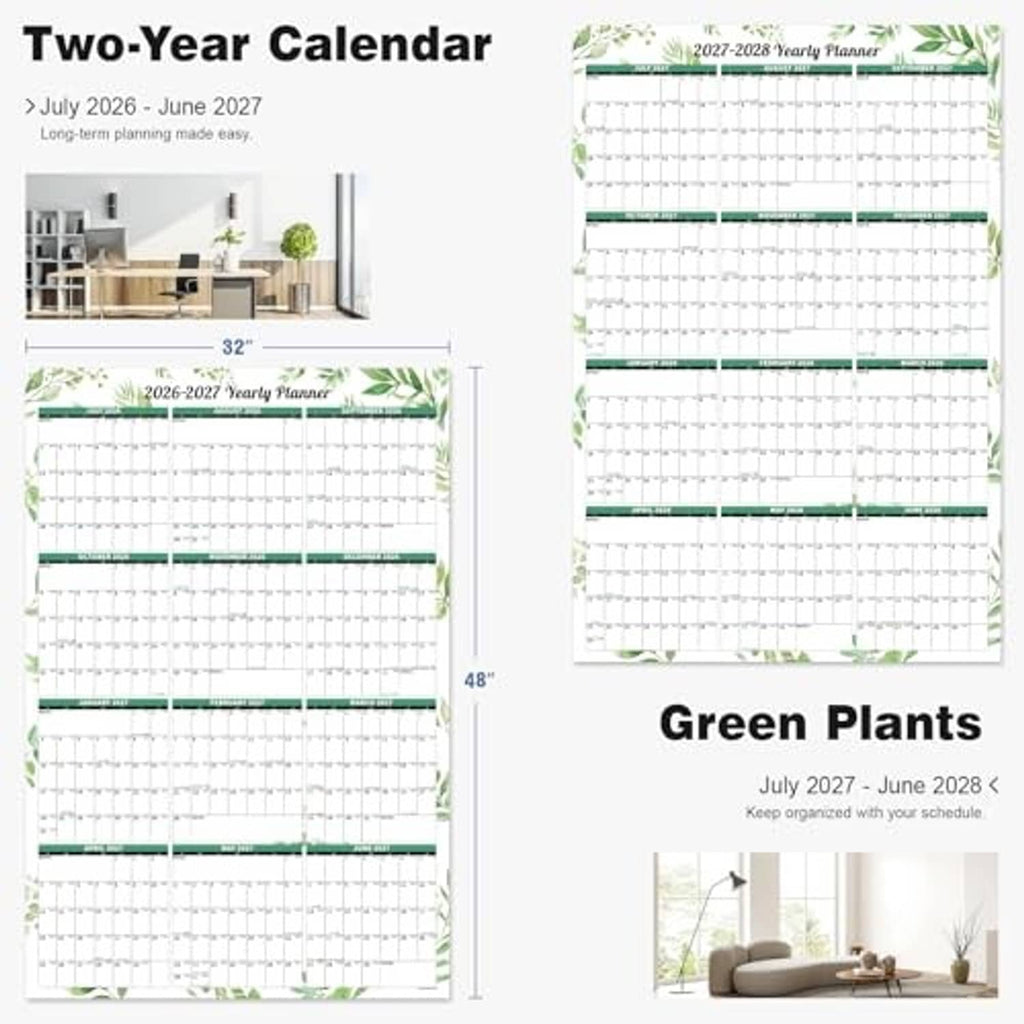 Two-year 2026–2027 wall dry-erase calendar, Green Plants theme, 32 x 48 in