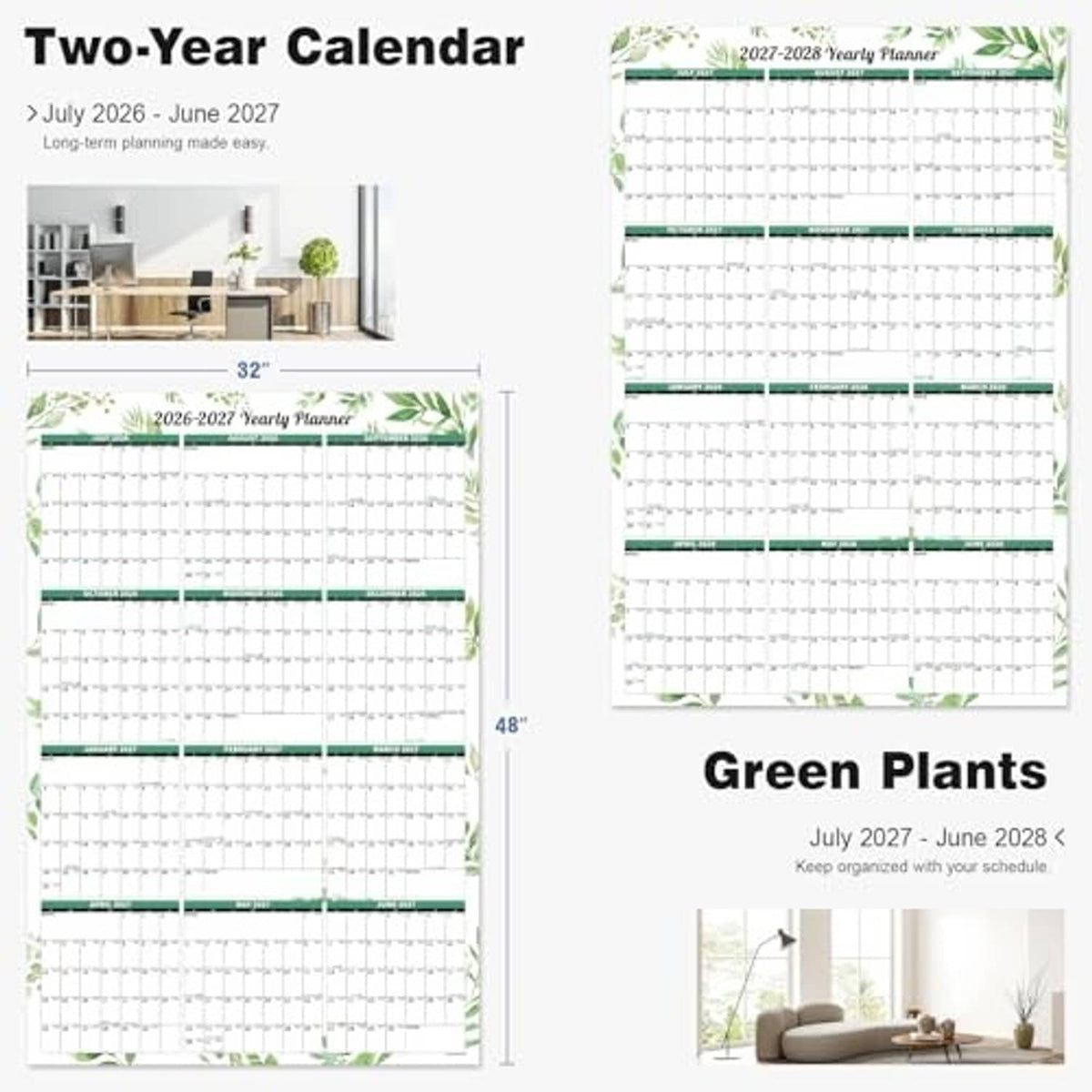 Two-year 2026–2027 wall dry-erase calendar, Green Plants theme, 32 x 48 in