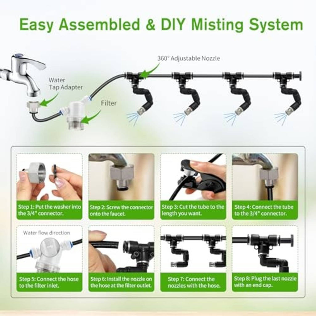 DIY misting system showing tap adapter, filter, tubing, and adjustable 360° nozzles