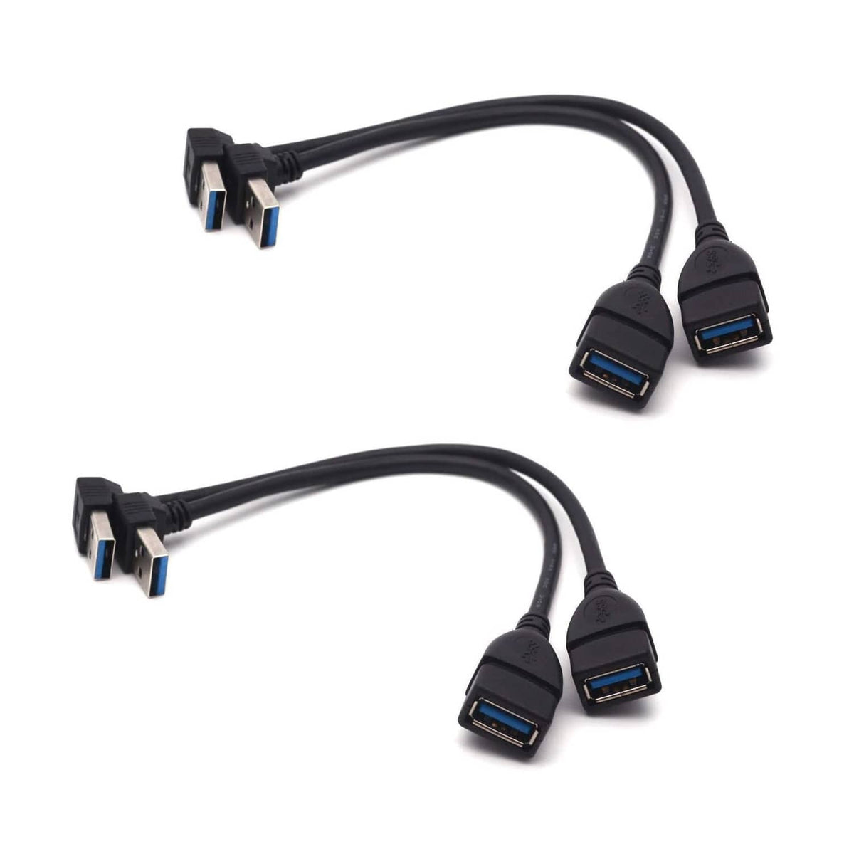 USB 3.0 right-angle extension cable, USB-A male to dual USB-A female ports.