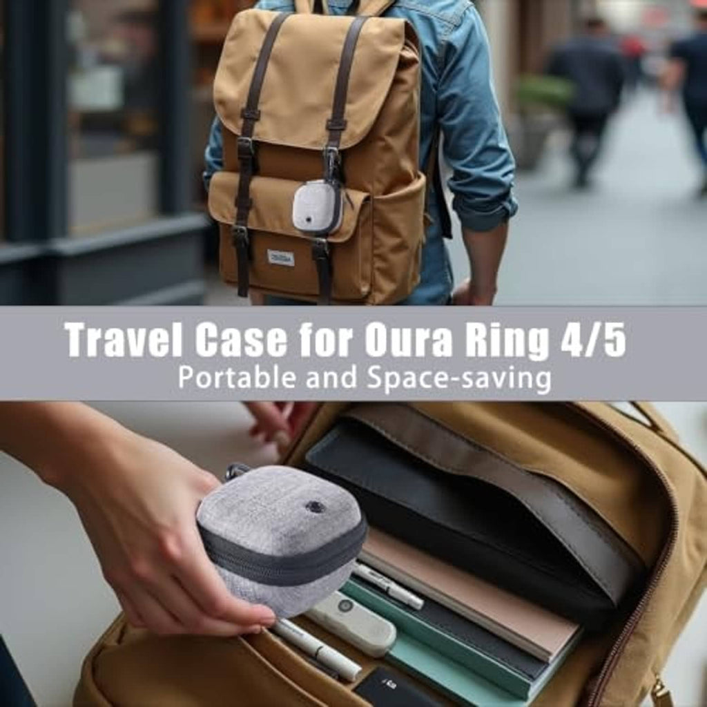 Grey zippered hard-shell ring pouch inside a travel bag with carabiner on front