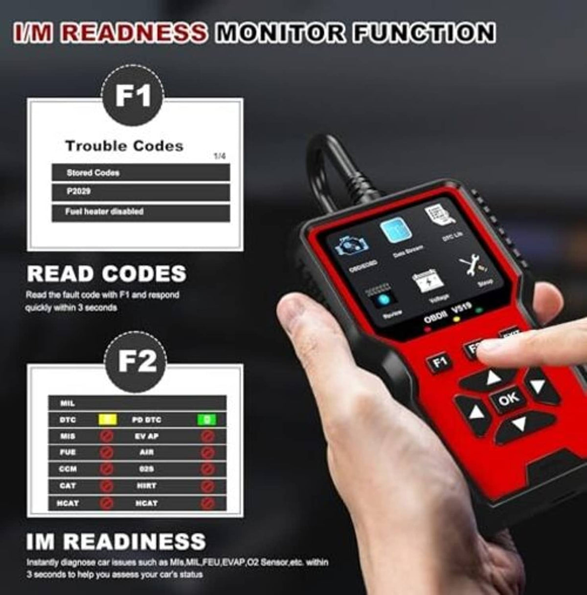 Red and black OBD2 scanner tool with lit screen and keypad buttons, handheld in use.