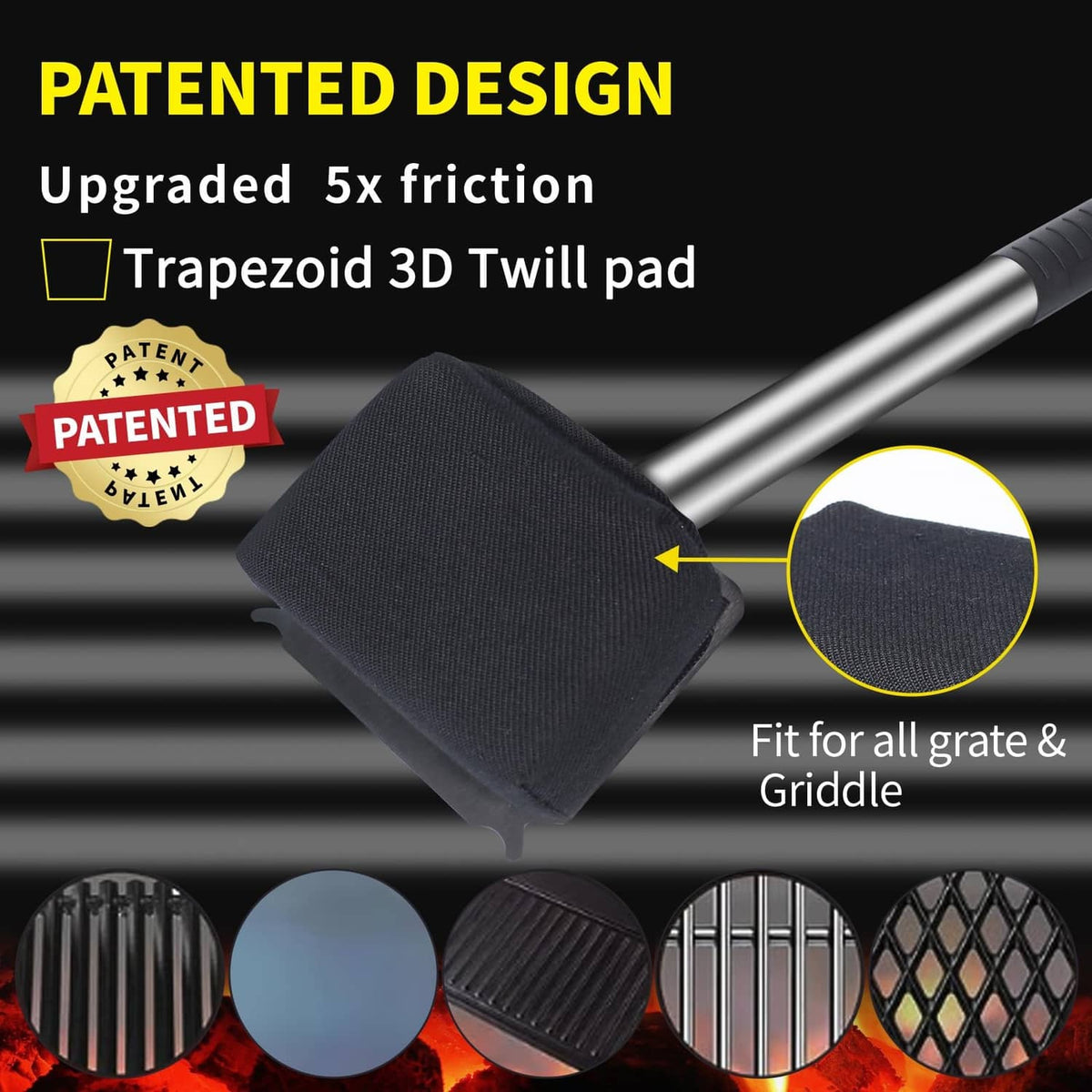 Bristle-free grill brush head with black twill scrubbing pad on metal handle