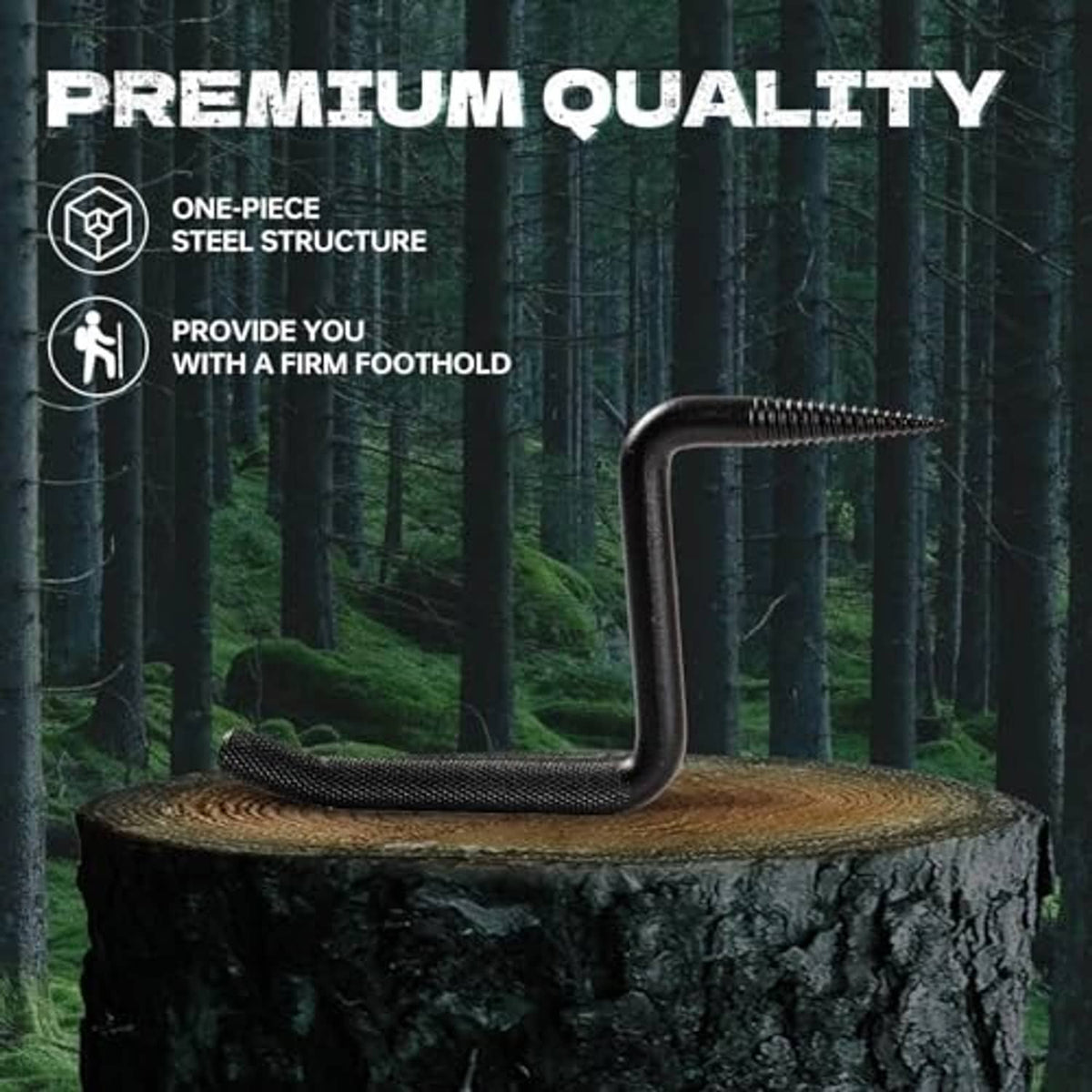 Black screw-in tree step with threaded tip for mounting on a log
