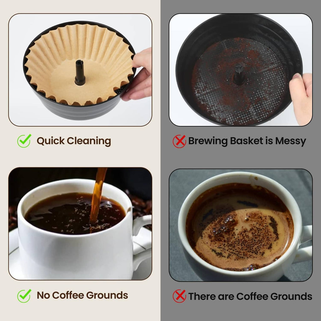 Large light-tan coffee filter showing pre-brew basket fit with no grounds overflow