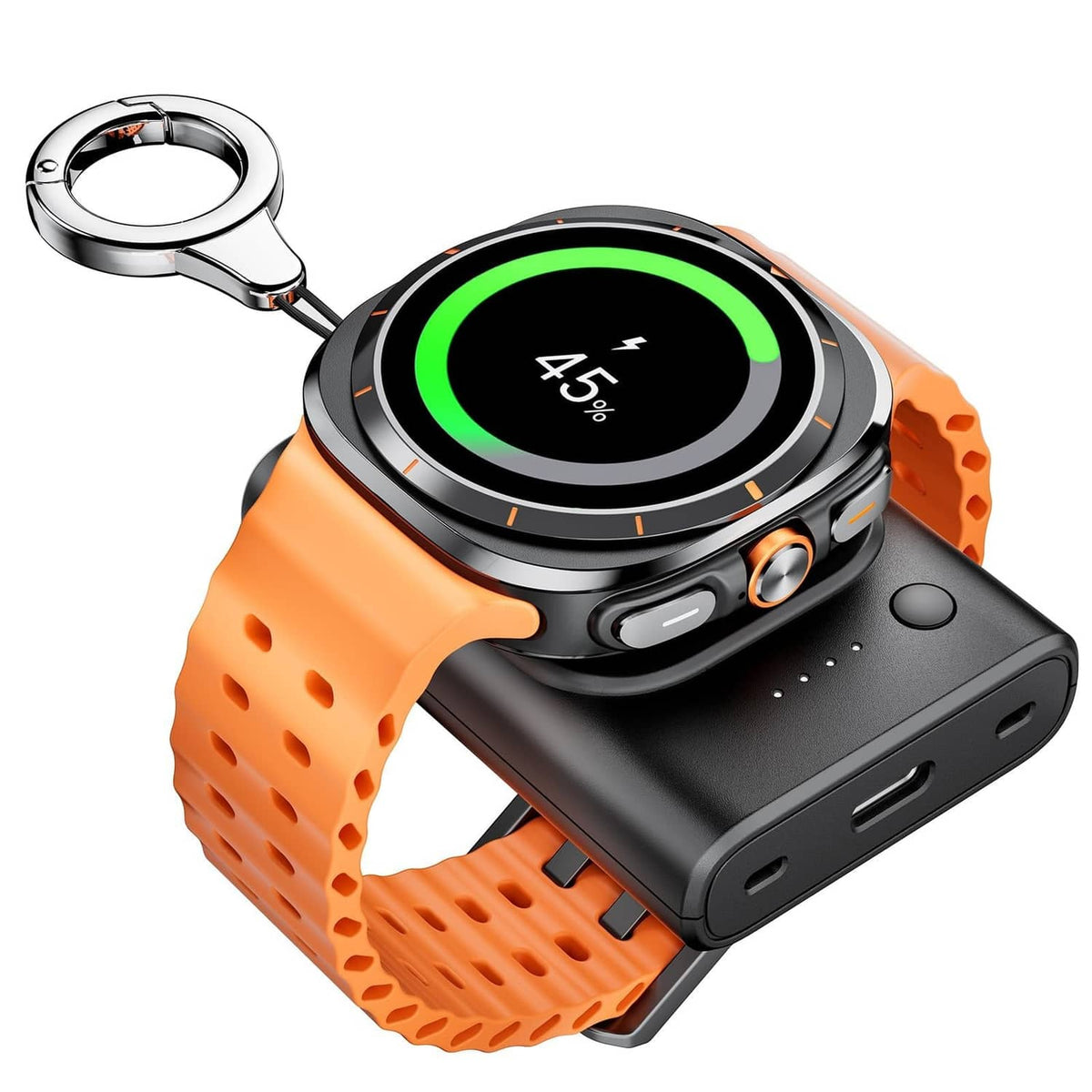 Portable watch charger with black puck and green LED charging ring on orange band