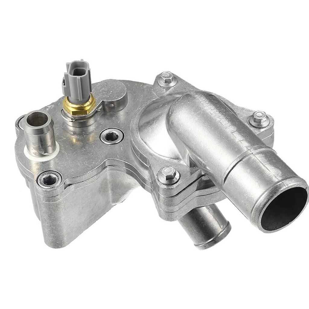Silver aluminum thermostat housing with thermostat pipe outlet and mounting bolts