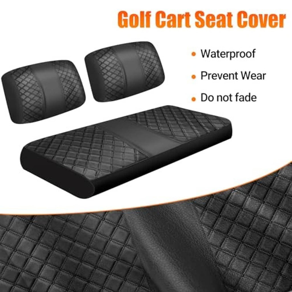 Black golf cart seat cover set with diamond quilt texture on seat and backrest