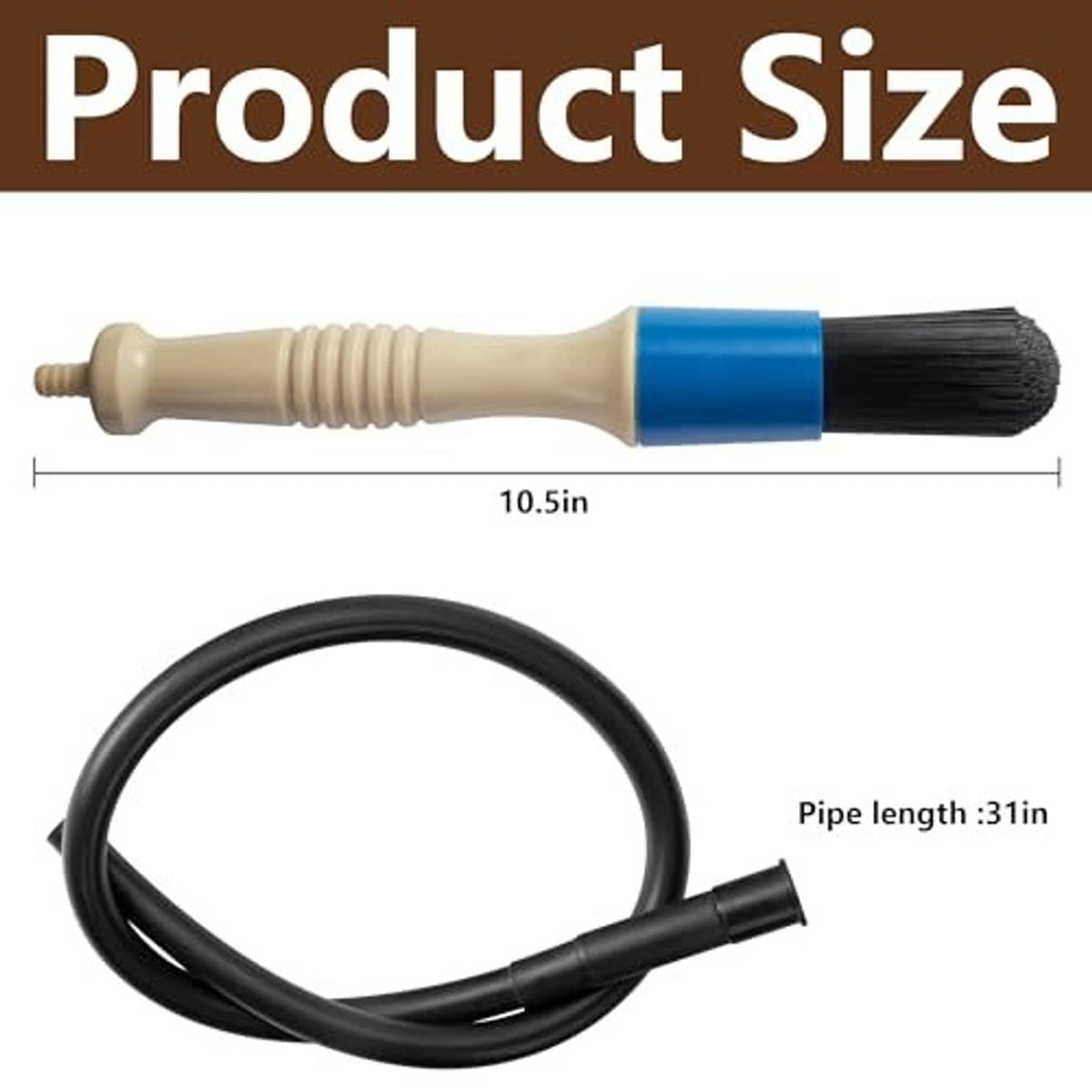 Beige-and-blue cleaning brush head with black bristles and connected black hose