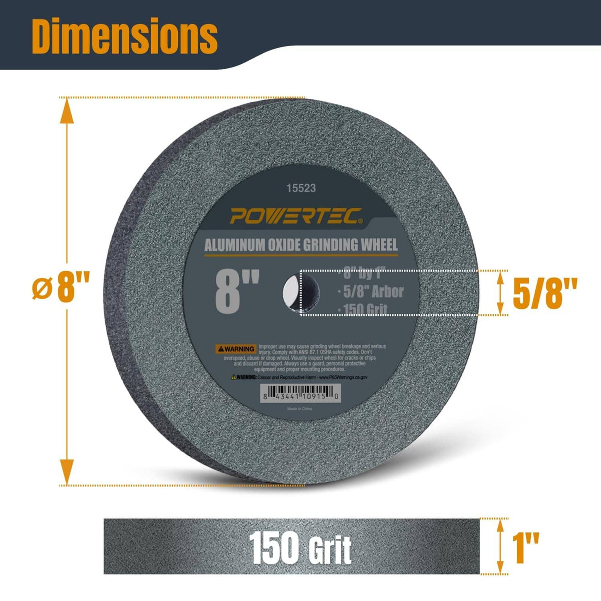 8-inch aluminum oxide grinding wheel with 5/8" arbor, 150 grit