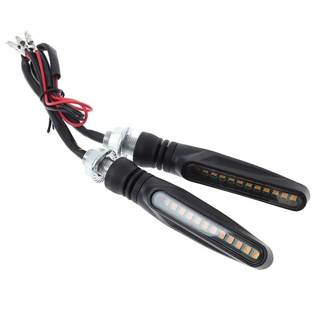 Two black LED turn signals with amber glow and attached red/black wiring harness