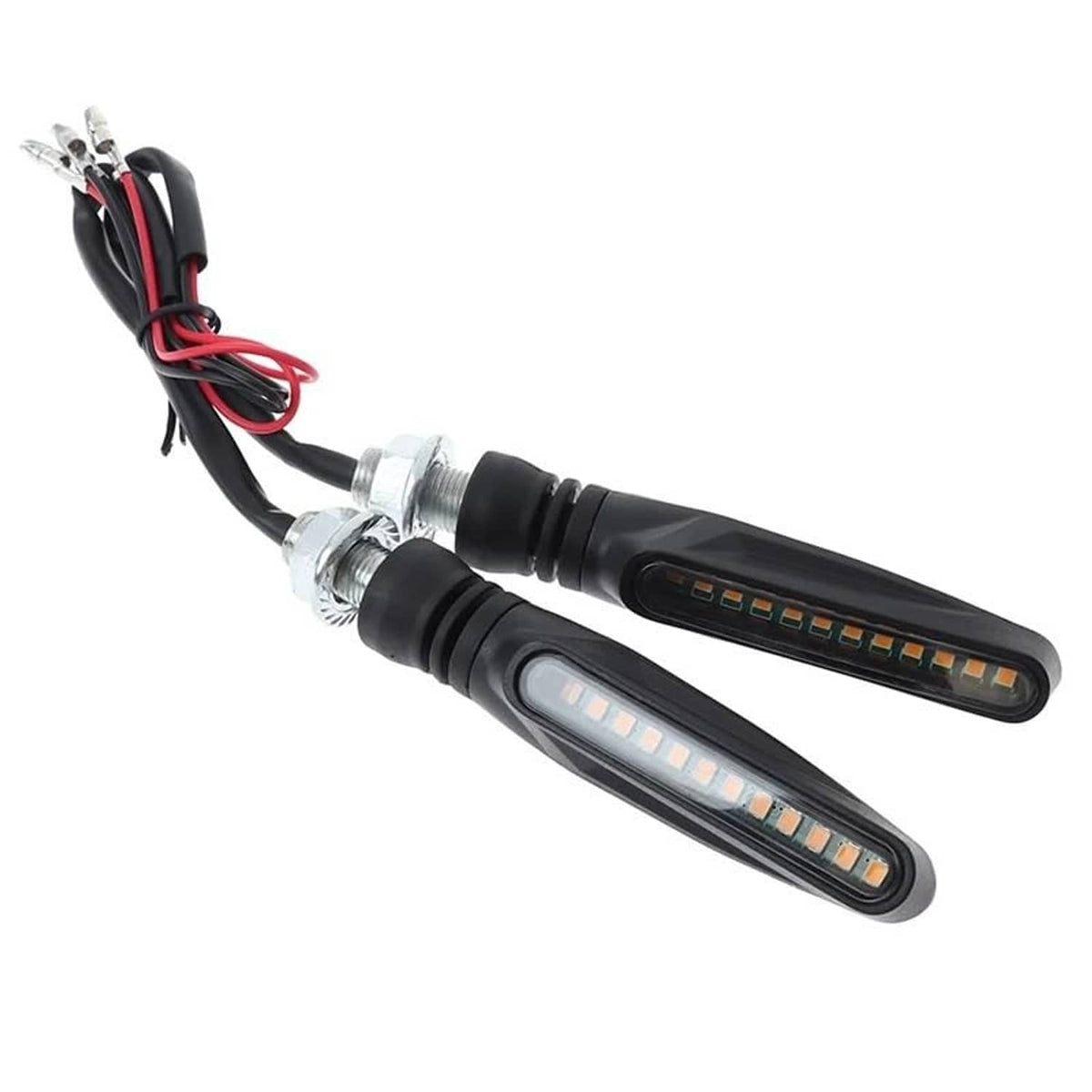 Two black LED turn signals with amber glow and attached red/black wiring harness