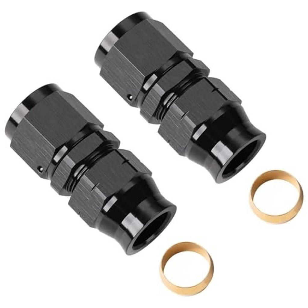 Black AN flare-to-hardline compression fittings with brass retaining rings, 2-pack