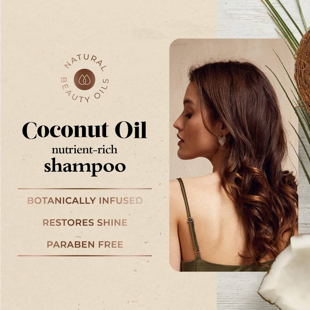 Coconut Oil nutrient-rich shampoo box, botanically infused, paraben-free