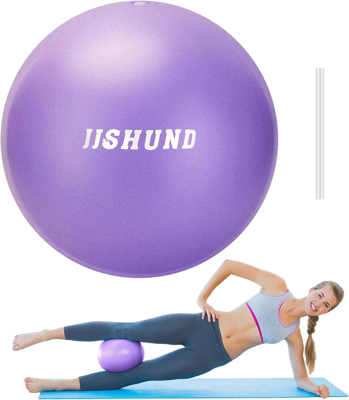 Purple 9-inch mini exercise ball used in side-lying support pose