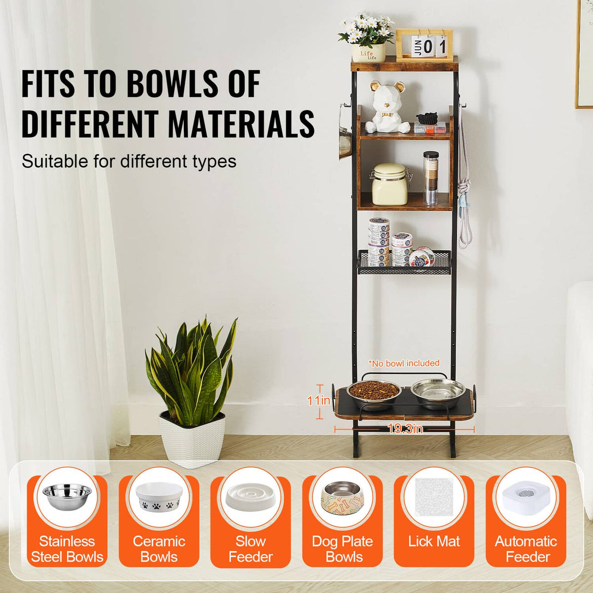 Dog feeding station organizer with raised two-bowl tray, side hooks, and multi-tier storage shelves