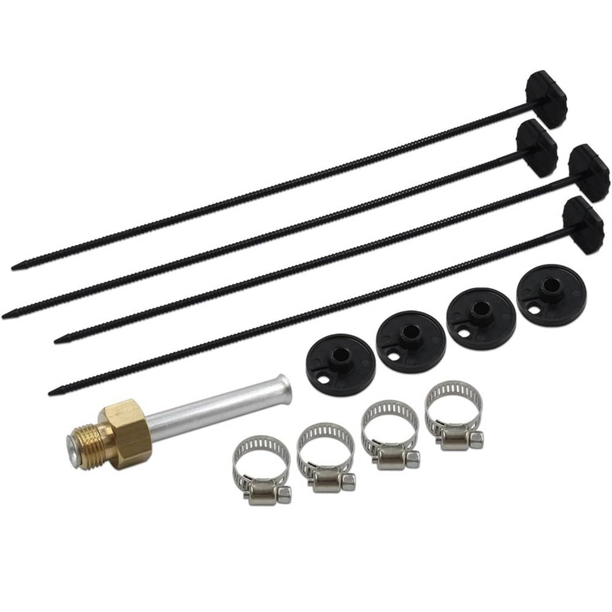Oil cooler kit hardware: mounting straps, clamps, hoses, and brass adapter
