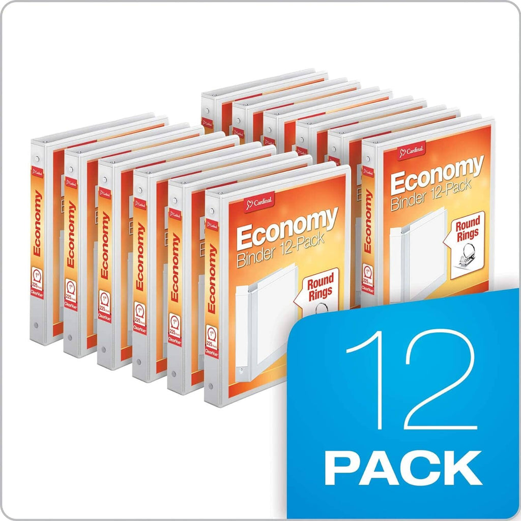 Stack of Cardinal economy 12-pack 1-inch 3-ring binders, white with round rings