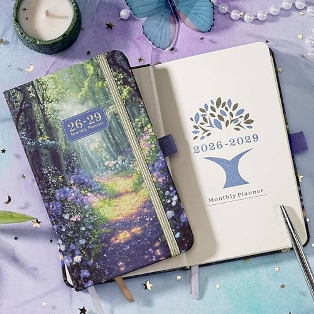 Pocket calendar 2026-2029 open view with illustrated cover and blank pages