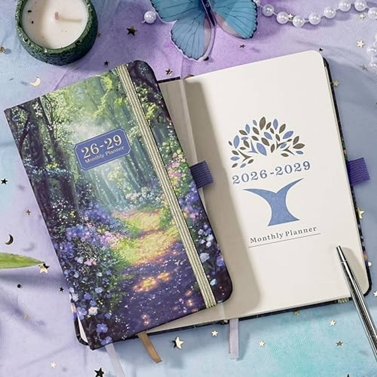 Pocket calendar 2026-2029 open view with illustrated cover and blank pages