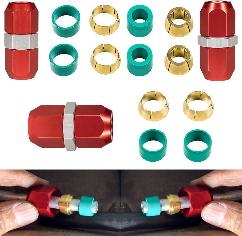 A/C line splice repair kit connectors: red caps, teal seals, brass sleeves