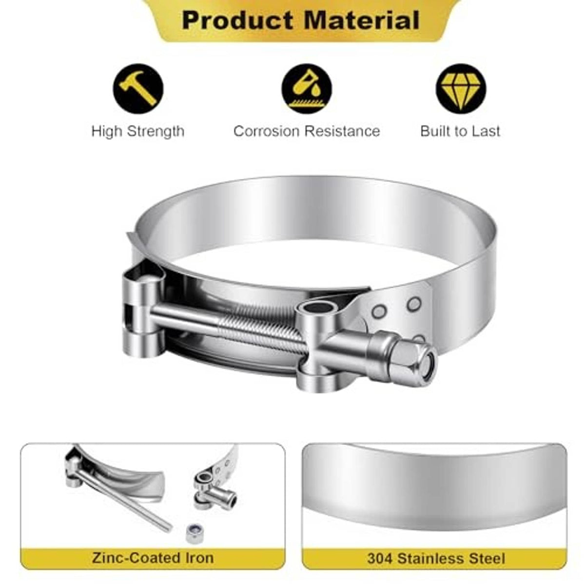 T-bolt hose clamp cross-section: 304 stainless band with threaded screw and locking nut